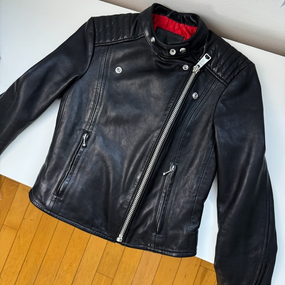 AllSaints Bircham Biker Leather Jacket Size 2 Black with Silver Hardware - Picture 8 of 15